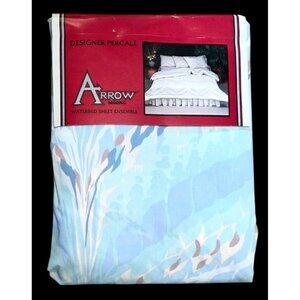 Vintage Arrow Waterbed Sheet Set King Size Percale Blue Tan Bedding Pillow Cases